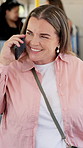 Mature woman, phone call and smile in bus with conversation, chat and gossip on travel. Person, smartphone and happy with talking, story and mobile connection for trip with public transportation