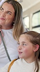 Travel, talking and mother with daughter on bus for back to school commute, bonding and shuttle service. Public transportation, academy trip and passenger with woman and child for journey and student