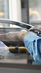 Commute, steering wheel and hands of person on bus for navigation, shuttle service and driving journey. Travel, public transportation and route with closeup of driver for location, traffic and trip