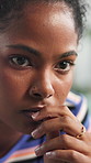Black woman, anxiety and nails with bite for stress, depression or mental health risk at home. Female person, scared or worry with concern or coping mechanism for boredom, OCD or bad habit at house