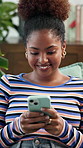 Phone, relax and smile of woman on sofa in living room of home for app or social media browsing. Chatting, internet and text message with happy person in apartment for communication or networking