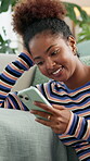 Phone, smile and thinking with woman on sofa in living room of home for app or social media browsing. Communication, internet and text message with happy person in apartment for mobile networking