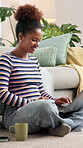 Woman, student and typing on laptop at house for scholarship application, college essay and schedule. Female person, online and feedback for education course, university enrollment and exam results