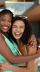 Face, women and friends hug at pool for summer holiday, getaway resort and bonding together. Portrait, smile and people laughing with embrace for funny joke, travel trip and luxury vacation at hotel
