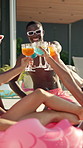 Toast, people and friends with holiday in swimming pool for weekend, break or vacation. Relax, sunglasses or group in water with smile, alcohol and party at hotel or lodge resort for summer getaway
