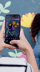 Person, hands and phone screen with wall art for picture, photography or memory of mural activity. Closeup, artist or painter with mobile smartphone display for capture, charity or community service