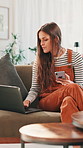 Laptop, student and woman with smartphone, research and info on website for assignment and education. Studying, online course and person with tech for project, knowledge and learning with app in home