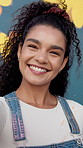 Happy woman, face and artist with selfie for photography, picture or memory of mural activity. Portrait, female person or volunteer with smile or paintbrush for capture moment or social media post