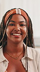 Happy, relax and face of black woman in home on weekend in morning with positive attitude. Smile, calm and portrait of African female person with peace, wellness and zen in living room at apartment.