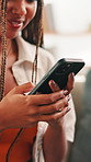 Laughing, phone or hands of woman in home to relax on social media, texting application or chat subscription. Sign up, meme or girl with mobile message or smile for post, flirting or romantic match