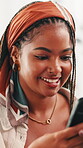 Online dating, phone or black woman in home laughing on social media, texting application or chat subscription. Happy, meme or girl with mobile message or smile for post, flirting or romantic match