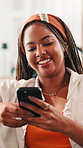 Dating website, phone or happy black woman in home on laughing, texting app or chat subscription. Happy, funny joke and African girl with mobile message and meme for post, flirting and romantic match