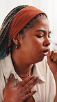 Sick, virus and woman with coughing in home for respiratory infection, chest pain or pulmonary disease. Illness, african person and flu symptoms in apartment with asthma, medical issue or pneumonia