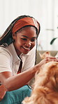 Golden retriever, black woman and play on sofa in home, smile or bonding in morning for love in living room. Girl, dog and pet animal on couch touch, loyalty or trust with care in lounge at apartment