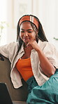 Laptop, student and woman with smartphone, smile and info for assignment on website, research and home. Online course, studying and black person with tech for project, happy and elearning in lounge