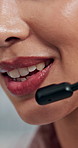 Woman, mic or talking in customer service with mouth, feedback or justice hotline at law firm. Advice, business ethics or legal support with dispute resolution, call center or help in headset closeup