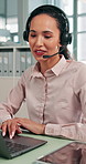 Woman, feedback or talking in call cener with laptop at law firm with headphones, advice or justice. Legal consultant, business ethics or customer support with dispute resolution service at help desk