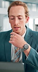Businessman, thinking or lawyer with laptop in office for news, court case or litigation. Private equity, advocate or attorney with legal solution for justice, approval letter or deal negotiation