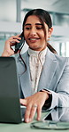 Office, businesswoman and laptop with phone call for discussion, financial advice and bank reconciliation. Career, female person and accountant with mobile for finance talk, account info and contact