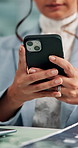 Business, woman or hands with phone in office for client email, finance feedback or typing text message. Financial advisor, employee or smartphone at desk for internet browsing or social media scroll