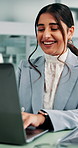 Hands, woman and typing on laptop with laugh, business writer with proposal information or corporate agenda. Productivity, pc and happy with communication, report writing or funny email response
