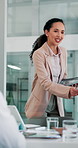 Meeting, speaker and woman with documents, boardroom and brainstorming for sales, speech and smile. Business, account manager and people with ideas for financial growth, collaboration and planning