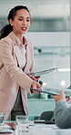 Paperwork, meeting and businesswoman in office with proposal for company investment plan. Documents, Presentation and female financial manager with corporate budget report for clients in workplace.