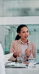 Meeting, discussion and colleagues in boardroom, corporate and brainstorming for performance of sales. Business, account manager and people with ideas for financial growth, collaboration and planning