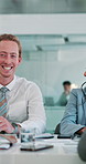 Meeting, laughing and colleagues in boardroom, man and brainstorming for sales, discussion and corporate. Business, account manager and people with ideas for financial growth, collaboration and plan
