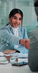 Meeting, handshake and woman with client, boardroom and brainstorming for sales, smile and thank you. Happy, people and shaking hands for agreement, talking and gesture for collaboration in business