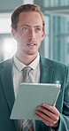 Thinking, typing and man in office with tablet, scroll and contact on content marketing website. Research, networking and seo consultant on digital app for online schedule, email or business ideas