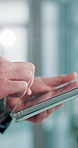 Hands, typing and person in office with tablet, scroll and communication on content marketing website. Research, networking and consultant on digital app for online schedule, email or user experience