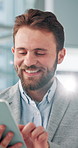 Reading, typing and man in office with tablet, scroll or contact search on content marketing website. Smile, networking and seo consultant on digital app for online schedule, email or business ideas