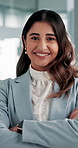 Face, business and woman in workplace, arms crossed and confidence with investment specialist. Portrait, person and employee with smile, pride and financial consultant with professional and expert