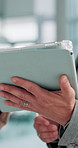 Hands, meeting and tablet with business people in office for collaboration, discussion or planning closeup. Feedback, review and strategy with employee people in corporate workplace for update