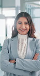 Face, business and woman in office, arms crossed and confidence with attorney. Portrait, happy person and lawyer in workplace, expert in compliance policy and legal aid with pride and about us