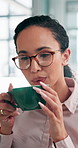 Business, woman and rest with coffee in office for morning start, stress relief and accountant on break. Person, beverage and reading of financial management, budget information and work productivity