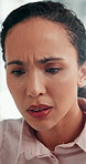 Confused, doubt and businesswoman in office with mistake, crisis or stock market crash. Misunderstanding, thinking and female financial manager with decrease in foreign exchange for investment risk.