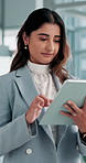 Reading, typing and woman in office with tablet, scroll or contact search on content marketing website. Smile, networking or seo consultant on digital app for online schedule, email or business ideas