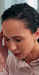 Business. woman and headache from stress in office for work pressure, corporate challenge and burnout. Person, migraine and worry for project deadline risk, brain fog and dizziness for career mistake