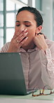 Yawning, tired or businesswoman on laptop for company consulting online, feedback or review. Fatigue, lawyer or exhausted legal advisor on technology for court case deadline, research or attorney