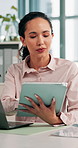 Laptop, tablet and businesswoman in office with research for online investment proposal. Computer, digital technology and professional female finance manager with email for profit report in workplace