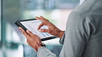 Business, tablet screen and man with charts, hands and typing with profit stats, financial investment and network. Person, closeup and employee in workplace, tech and digital app for infographics