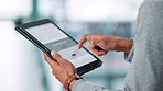 Business, tablet screen and man in office, hands and typing with subscription, online reading and network. Person, closeup and employee in workplace, tech and digital app for company website info
