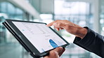 Hands, tablet screen and man in office, graphs and typing with connection, profit survey and network. Person, closeup and employee in workplace, tech and digital app for financial charts and stats