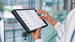 Finance, tablet screen and woman in office, hands and typing with economy stats, online reading and network. Person, closeup or employee in workplace, tech or app for company revenue or profit growth