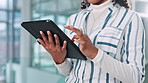 Tablet, research and hands of business woman in office for publishing agency, manuscript editor and ebook review. Copywriter, reading and planning with person for creative project, report and media