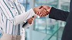 Shaking hands, greeting and business people in office for deal, negotiation or thank you. Meeting, partnership and financial manager with client with handshake for investment contract in workplace.