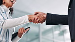 Shaking hands, deal and business people in office for greeting, negotiation or thank you. Meeting, partnership and financial manager with client with handshake for investment contract in workplace.
