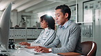 Typing, teamwork and computer with business man in office for planning, banking audit and research. Accounting advisor, portfolio report and update with employees in agency for profit equity